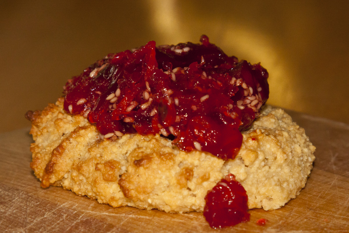 watermelon berry jam on almond flour scone