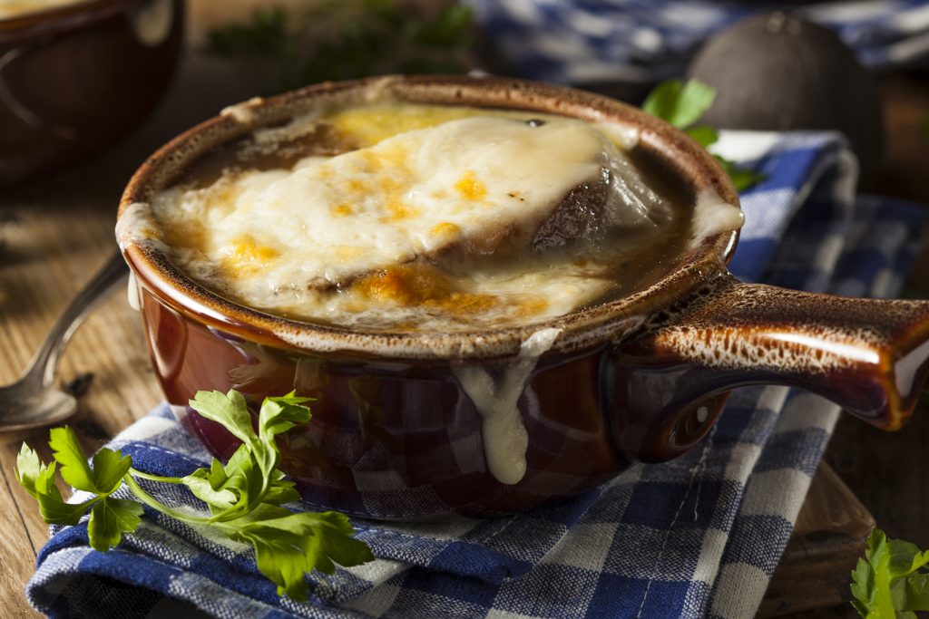 Homemade French Onion Soup with Almond "Mozzarella" Cheese and Squirrel Nut Bread