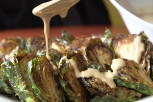 Balsamic Baked Brussels Sprouts with Probiotic Pomegranite Tahini sauce