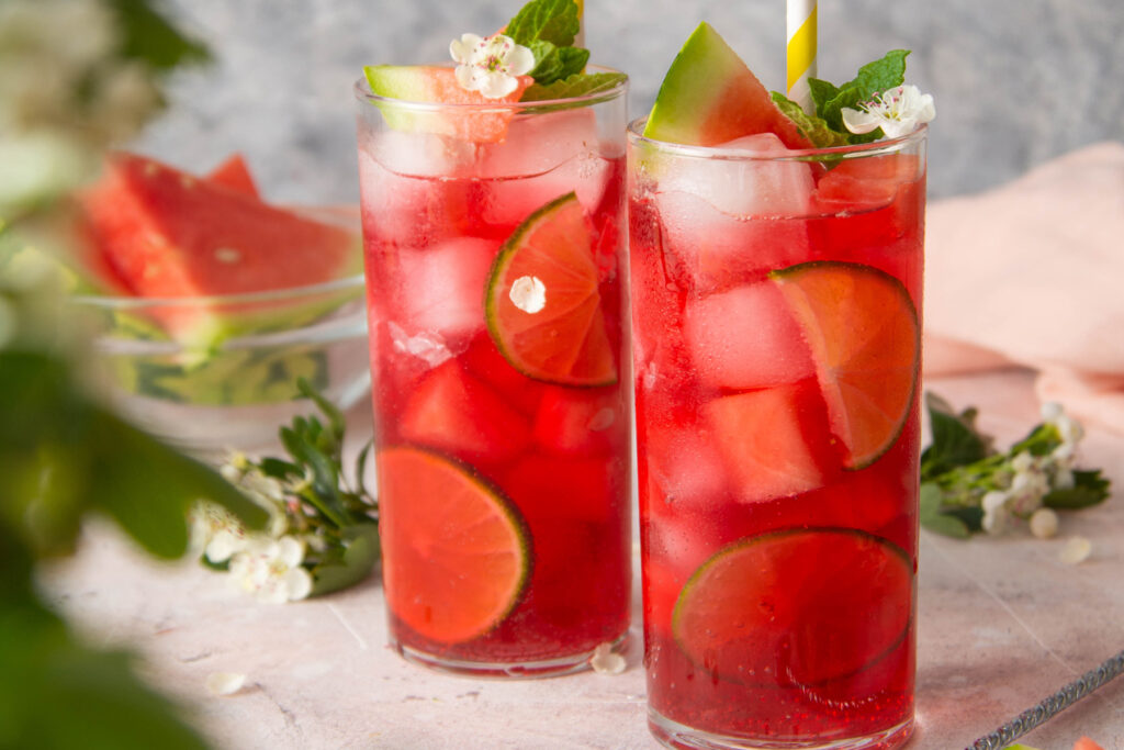 Rhubarb and watermelon lemonade with mint garnish