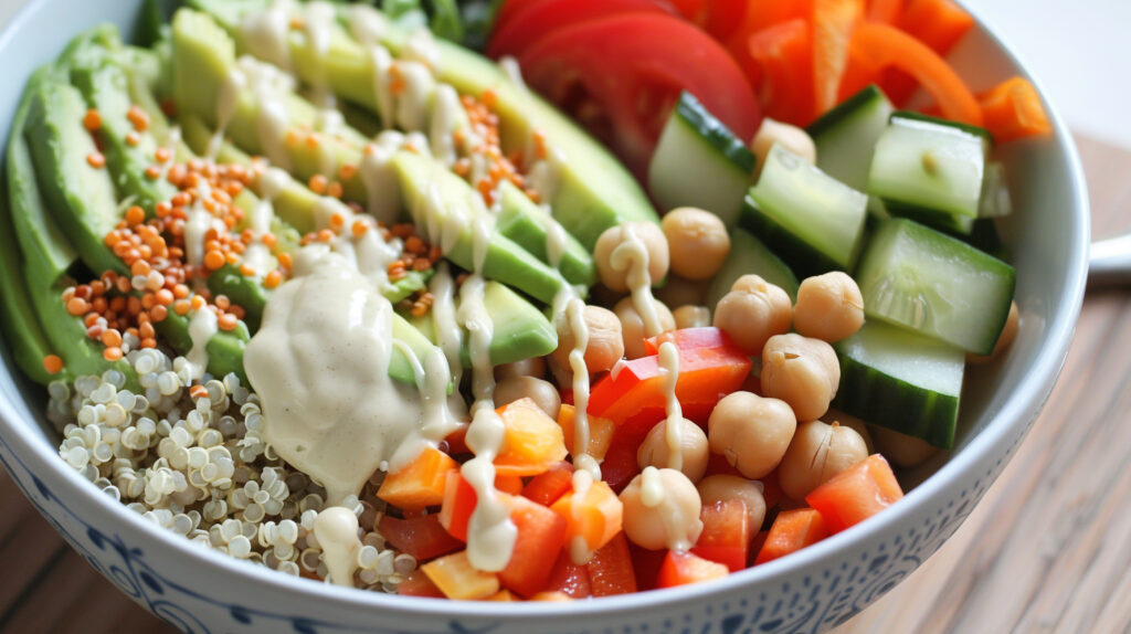 Tahini salad dressing over mixed salad vegetables