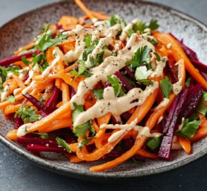 sliced carrot and beet salad with cilantro leaves and citrus tahini dressing