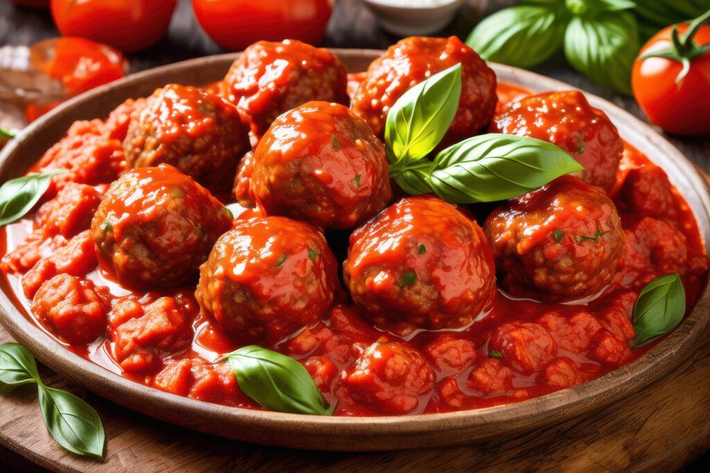delicious meatballs without the bread crumb filler, rich tomato marinara sauce, savory dish authentic Italian flavors, homemade, cooked, tasty, , appetizing,