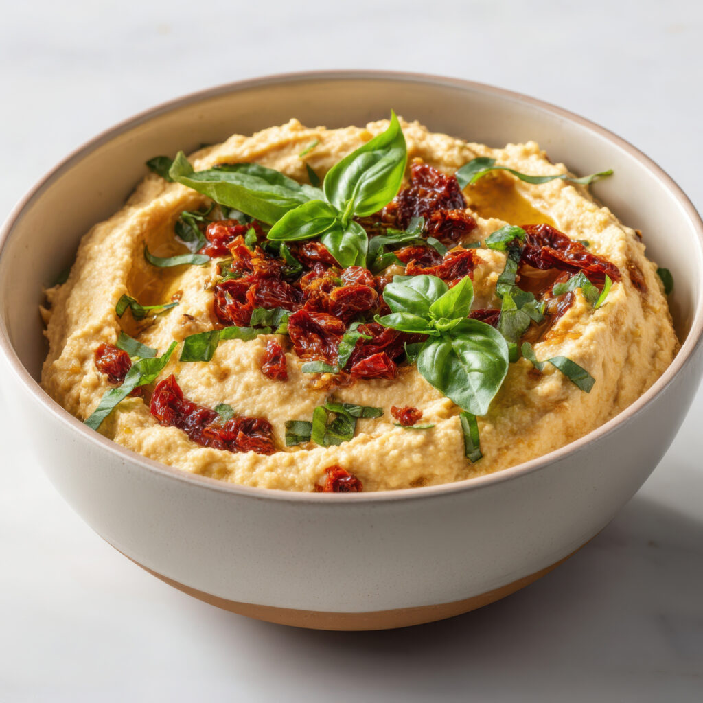 sun dried tomato hummus served. Easy to make.
