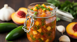 Fresh homemade peach salsa with jalapenos, tomatoes, cilantro, garlic, and herbs