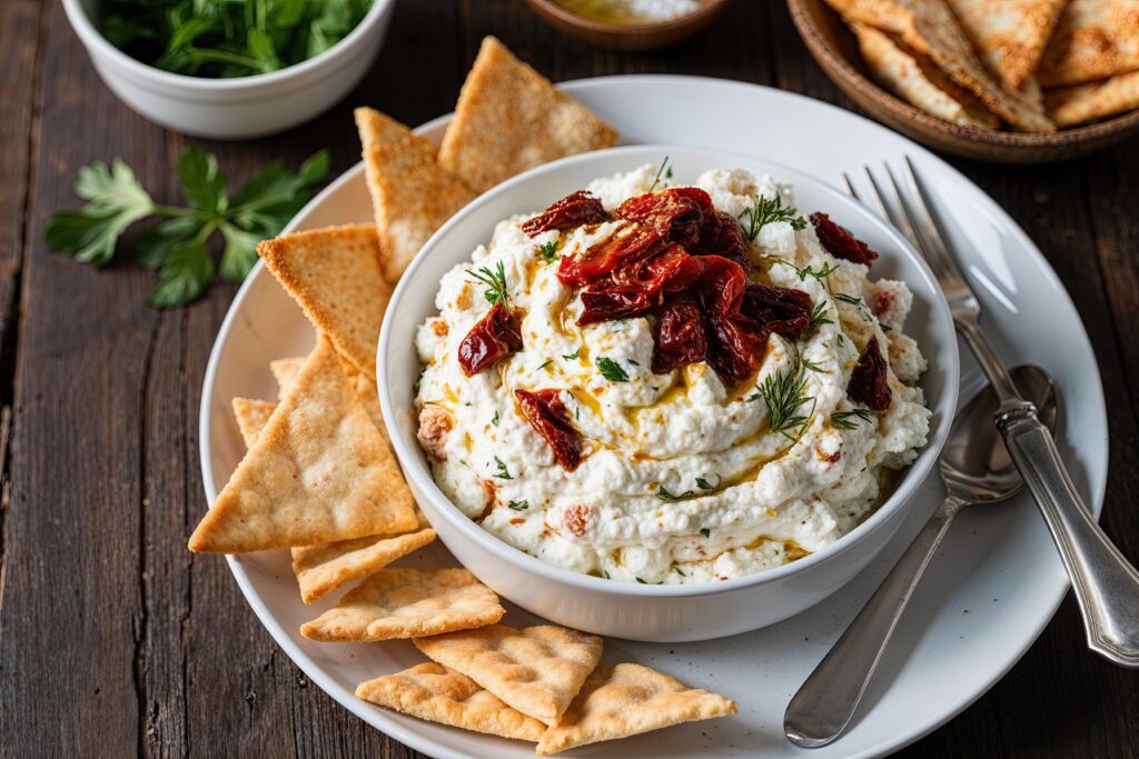 Creamy goat or vegan cheese dip, cashew cheese, Sun-Dried Tomatoes and Seta brand gran free chips for a delicious appetizer platter